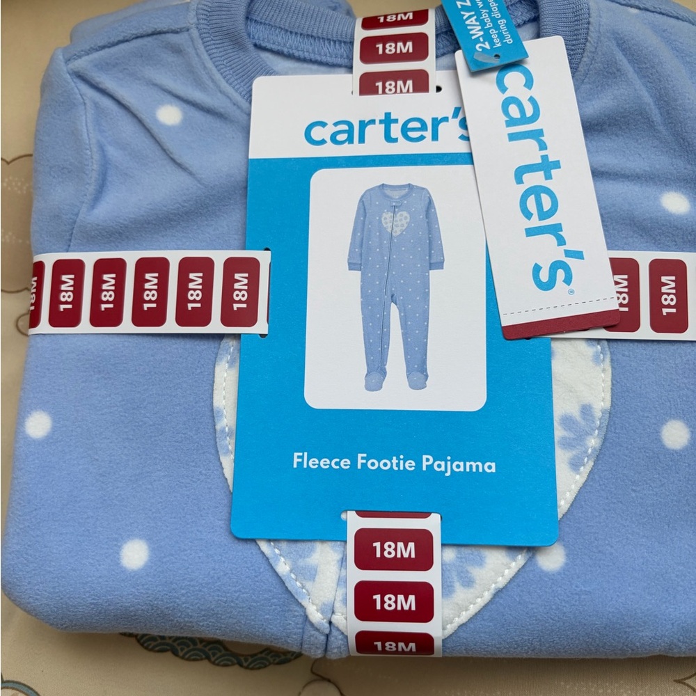 carter's Light Blue Fleece Footie Pajama - Polka Dot and Heart